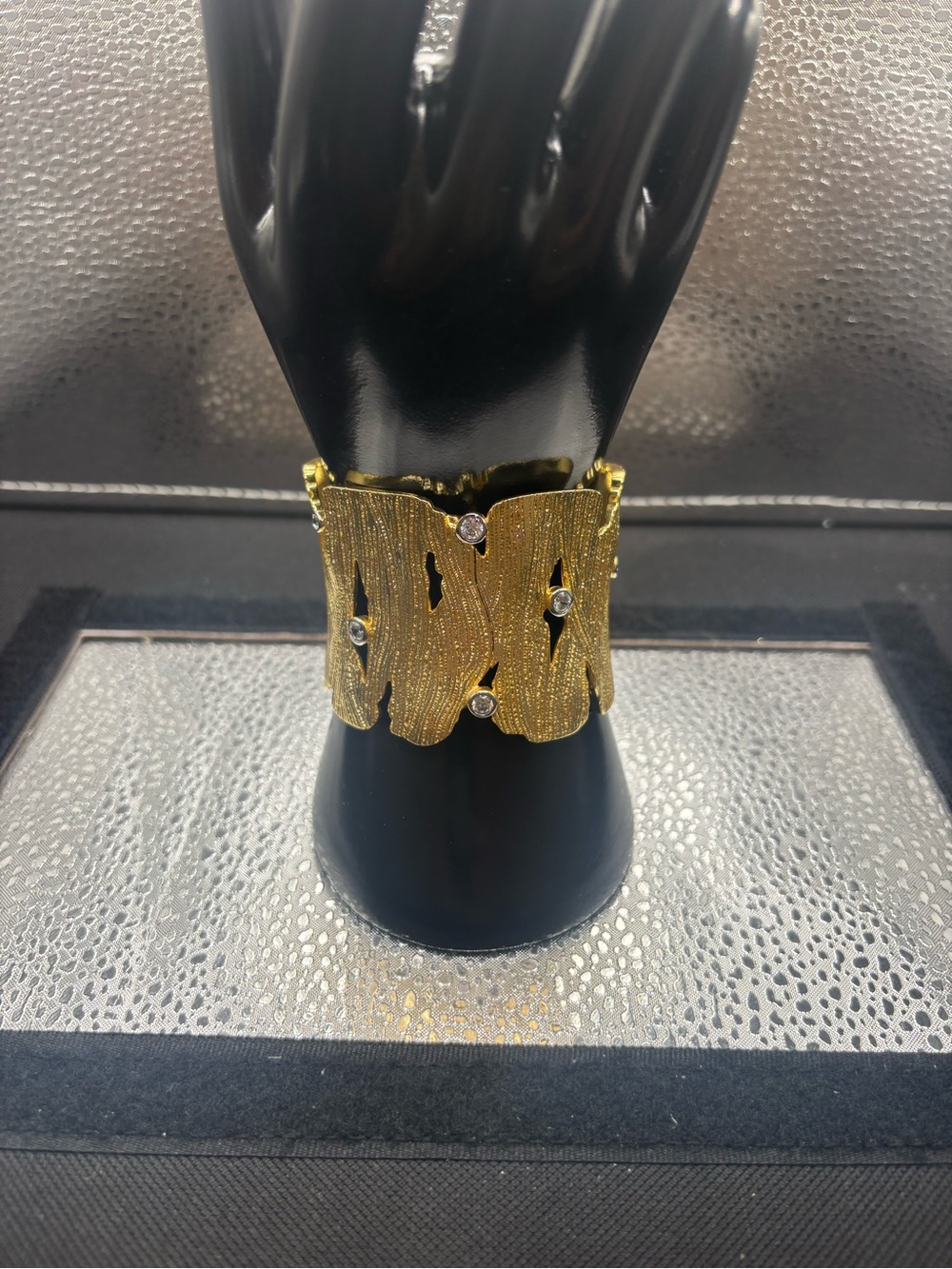 Textured Gold Statement Cuff Bracelet with Sparkling Accents